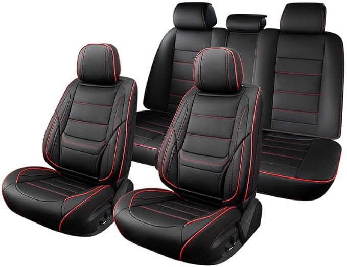 Car Seat Covers Full Set Custom Fit for Ford Focus 2000-2018-Luxury Leather with Lumbar Support, Breathable, Waterproof, Anti-Slip, Durable, Easy to Install (Black&Red,Full Set)