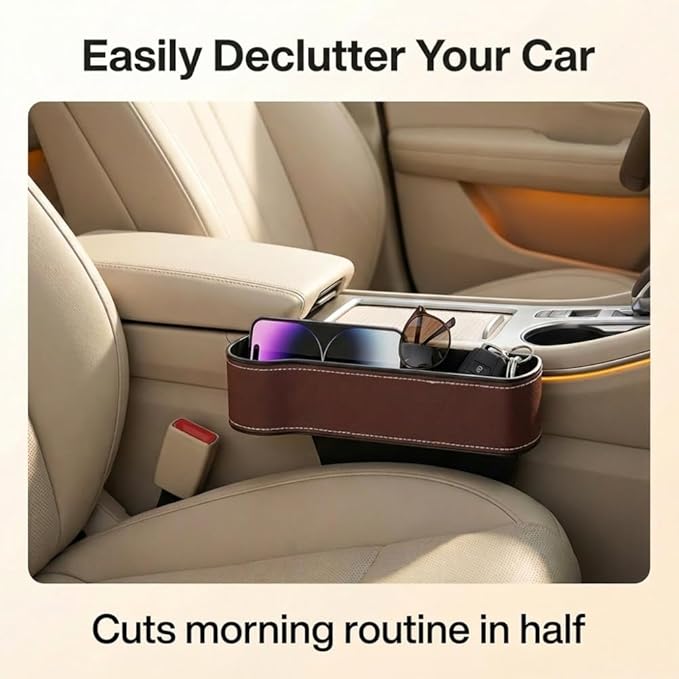 Car Seat Gap Filler Organizer, 2026 New Premium Leather Console Organizer for Holding Phone, Sunglasses, Auto Console Side Storage Box with Cup Holders 2 Seat Hooks for Drink (Beige, 1Set)