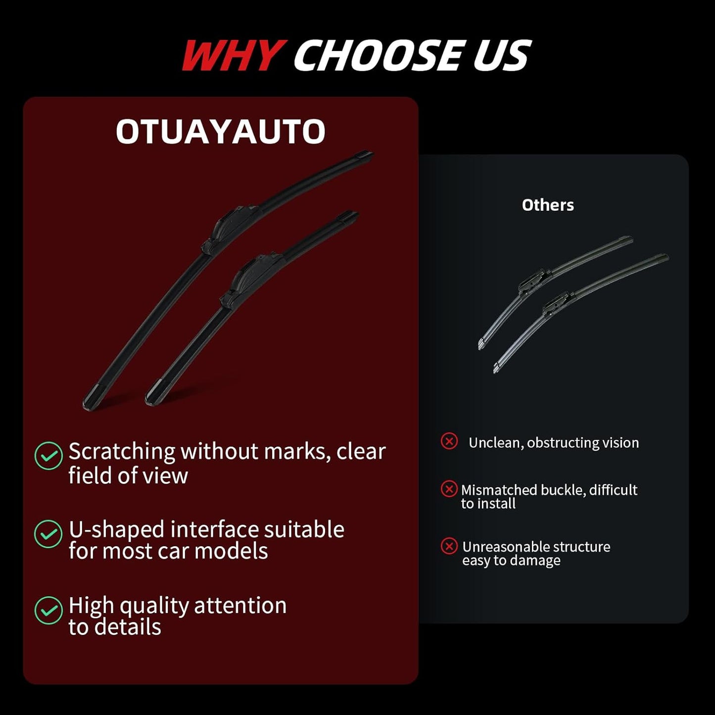 OTUAYAUTO Premium Windshield Wiper Blades - Replacement for Subaru Crosstrek 13-17, Impreza 12-16, Nissan Murano 09-16, All-Weather, Front and Rear Wiper Blades, J/U Hook - 26"+16"+12" (Pack of 3)