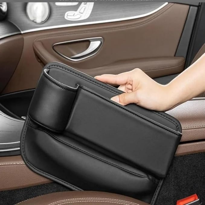 Car Seat Gap Filler Organizer with Cup Holders, Seat Gap Storage Box for Drinks, Phones, Keys, Sunglasses, Cards, and Small Essentials (Black, Passenger Seat)