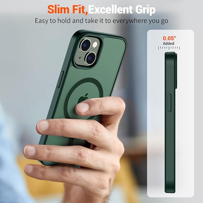 SUPFINE Magnetic for iPhone 15 Plus Case & iPhone 14 Plus Case(Compatible with MagSafe)(Military Grade Drop Protection) Slim Translucent Shockproof with Anti-Fingerprint Phone Case,Forest Green