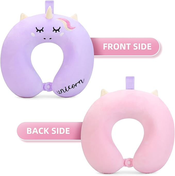 Kids Neck Pillow for Traveling, Unicorn Kids Travel Pillow with Eye Mask, Toddler Travel Essentials for Road Trip Airplane Flight Car Seat, Cute Cartoon Headrest Memory Foam Pillows Gift for Girl Boy