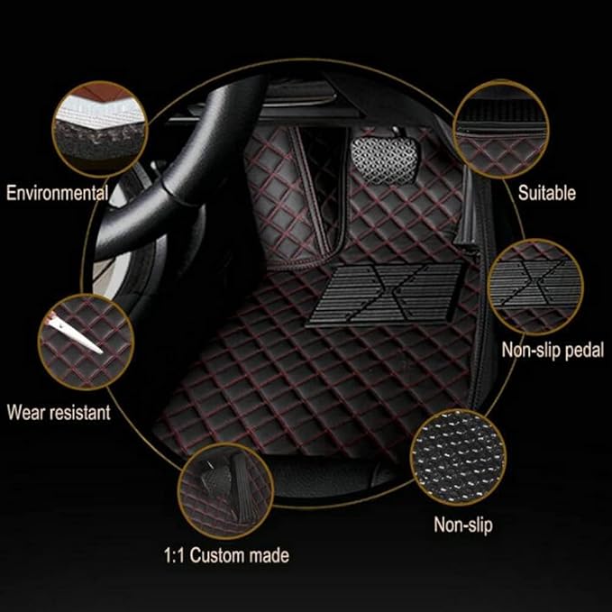 Customize Making Car Floor Mats for 99.99% Sedan SUV Pickup Truck Full Coverage Men Women Cute Leather Protection Pads Non-Slip Floor Liners (Black+Wine Red Sidev)