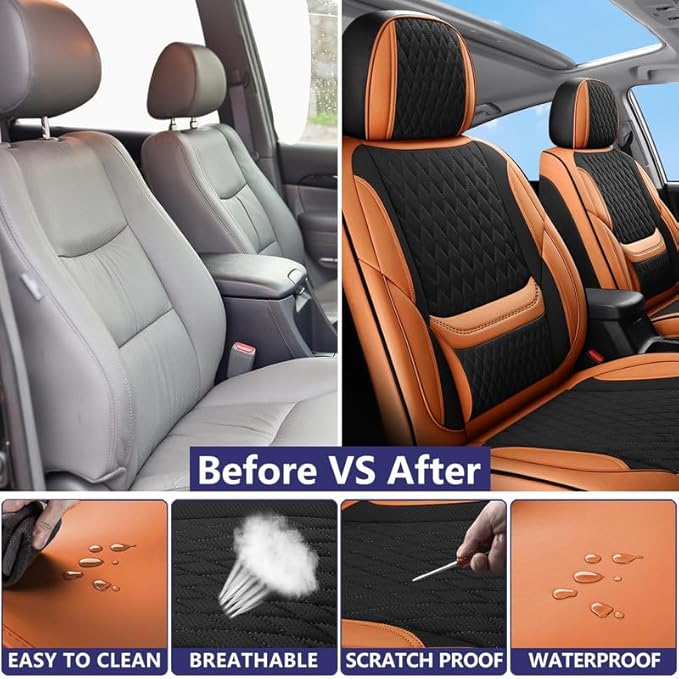 Front Seat Car Seat Covers Custom Fit for Ford Taurus 1999-2018 - Premium Faux Leather with Lumbar Support | Breathable, Waterproof, Anti-Slip, Durable (Black&Brown,Front Seat)