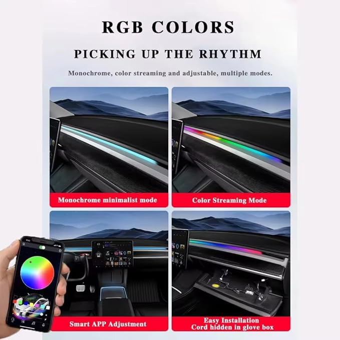 Interior Neon Lights for Tesla Model Y/3, Dreamcolor Acrylic Interior Car LED Strip Light for Tesla, Dynamic Chasing Music Sync Neon Ambient Lighting Kits for Tesla Model Y/3 (1 Strip Set A)