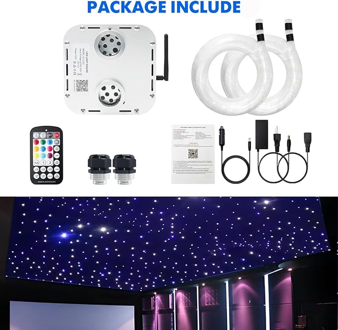AMKI High Brightness Dual Color 32W Twinkle 2000pcs 0.03in 16.4ft Fiber Optic Starlight Headliner Kits RGBW Sound Activated APP/Remote Control for Movie Theater Home Ceiling Decor