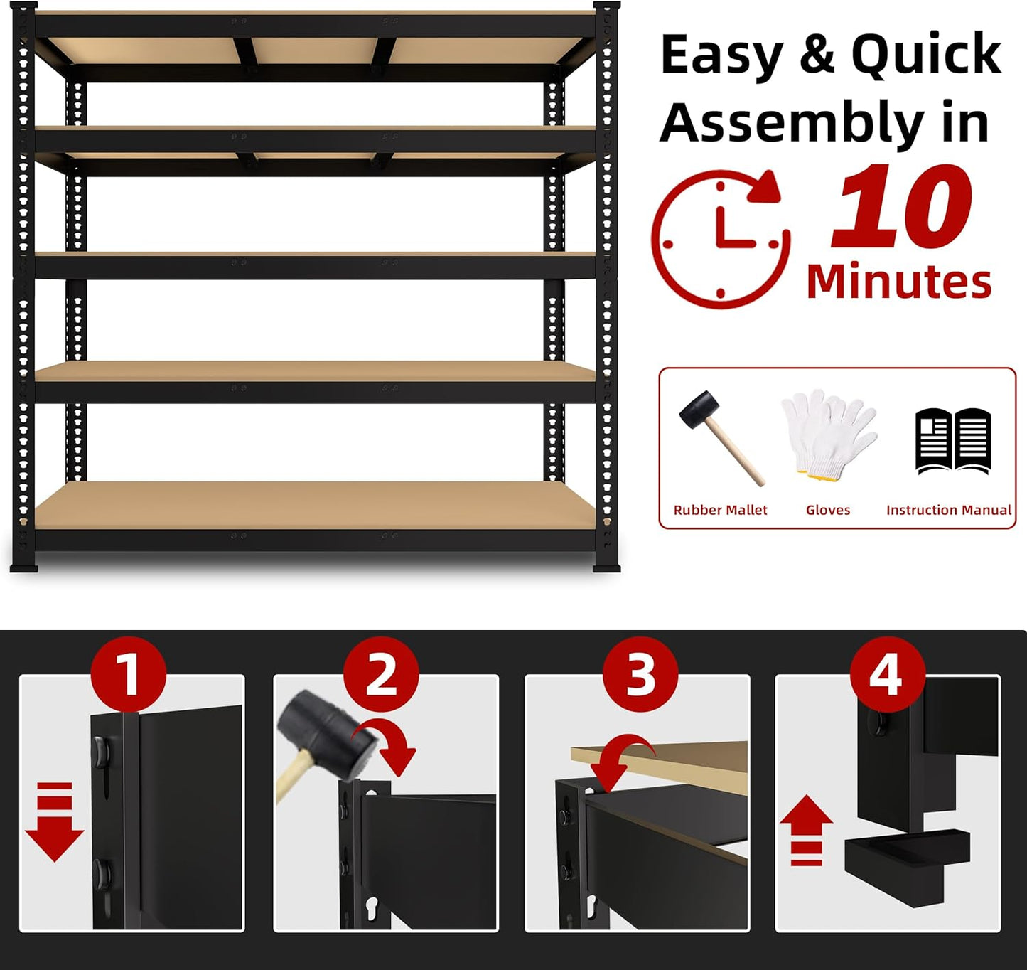 48" W x 24" D x 72" H Adjustable Garage Storage Shelves - 5-Shelf Heavy Duty Shelving Unit, Metal Utility Storage Organizer Racks for Warehouse Pantry Closet Kitchen, Black