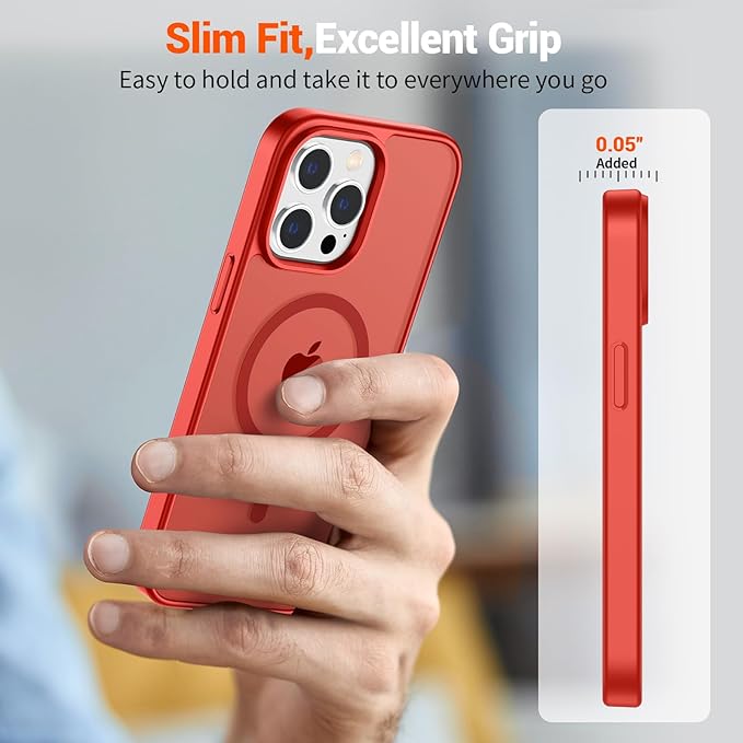 SUPFINE Magnetic for iPhone 14 Pro Case (Compatible with MagSafe) (Military Grade Drop Protection) Slim Translucent Matte Shockproof with Anti-Fingerprint Phone Case,Red