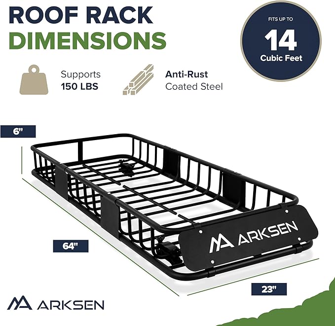 ARKSEN 64"x23"x6" Roof Rack Skinny Cargo Carrier with Basket & Net, Heavy Duty Weather Resistant Top Mount Cargo Rack, Luggage & Camping Gear Storage for Car, Truck or SUV Transport