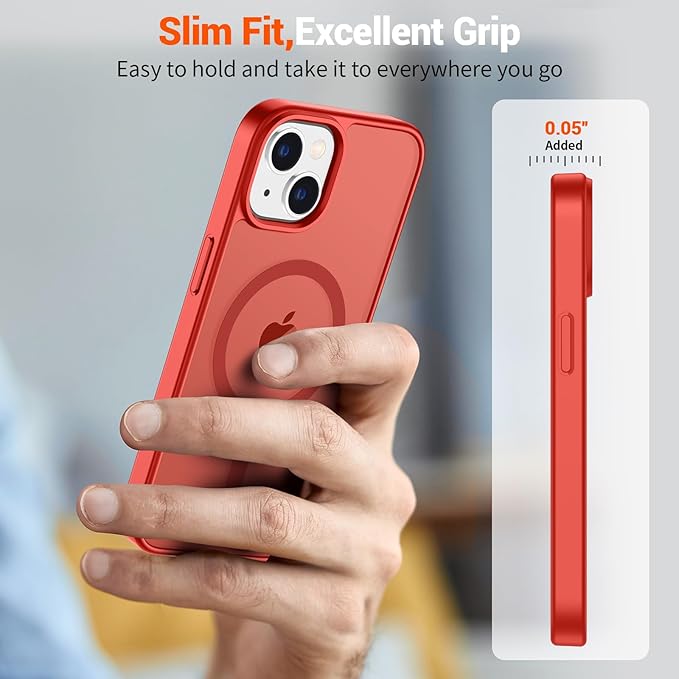 SUPFINE Magnetic for iPhone 14 Case & iPhone 13 Case (Compatible with MagSafe)(Military Grade Drop Protection) Slim Translucent Matte Shockproof Phone Cover,Red