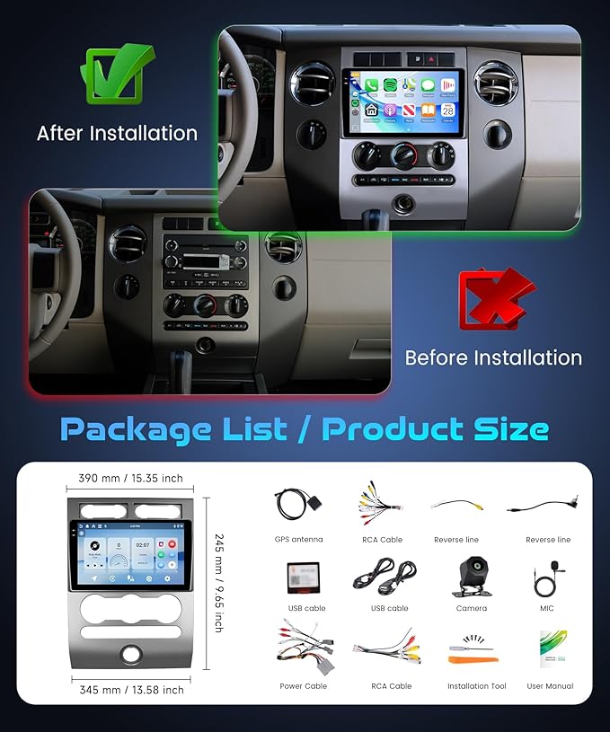 Rimoody 4G+128G Android 15 Car Stereo for Ford Expedition 2007-2014 (Manual A/C) Wireless Carplay Android Auto, 9'' in-Cell Screen Head Unit with GPS/Bluetooth 5.0/FM RDS/EQ/5G-WIFI Backup Camera SWC