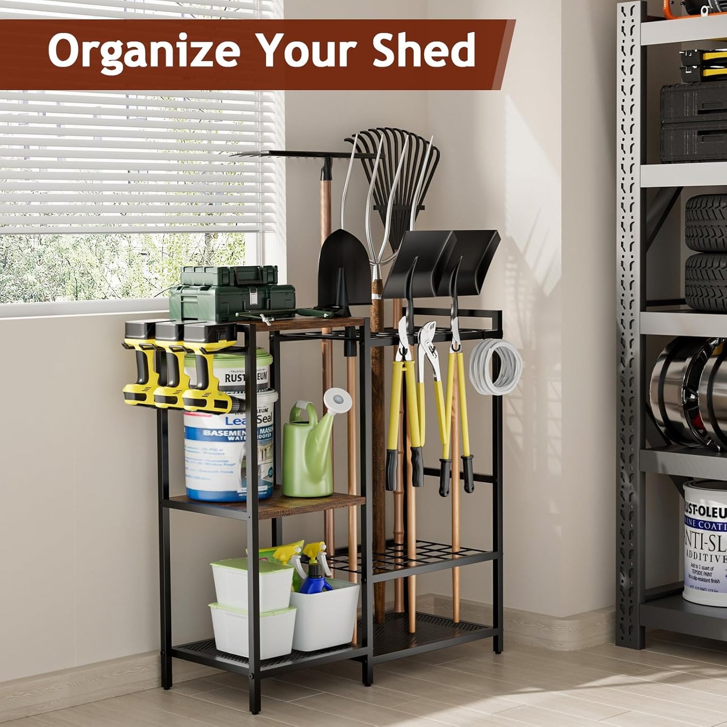 Garden Garage Tool Organizer - with 3-tier Shelves, Yard Tool Organizer for Garage with 4 Hooks, Heavy duty Steel Garden Tool Rack Holds up to 48 Long Handled Yard tools for Storage