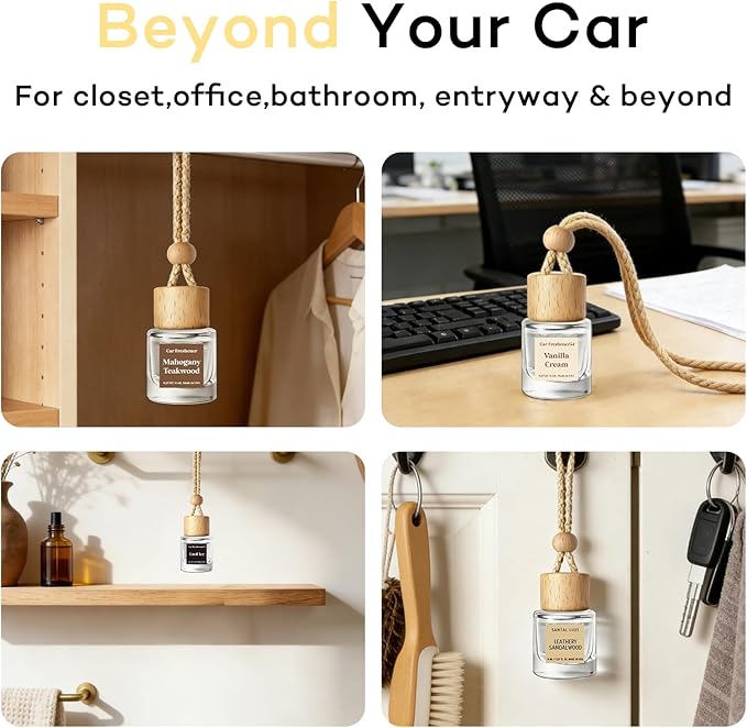 C Classy Hanging Car Air Freshener 2 Pack, Leathery Sandalwood Essential Oil Diffuser, Long-Lasting Fragrance, Cute Glass Bottle Car Accessories for Women & Men, Made in USA