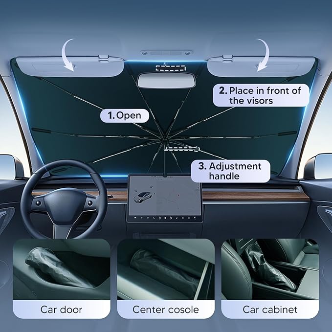 Autorder Windshield Sun Shade Umbrella for 2021-2025 Ford Bronco Accessories,Upgraded Ice Crystal Material,Easy Setup Umbrella Sunshade for Car Windshield,100% Sun Blocking(Not for Bronco Sport)