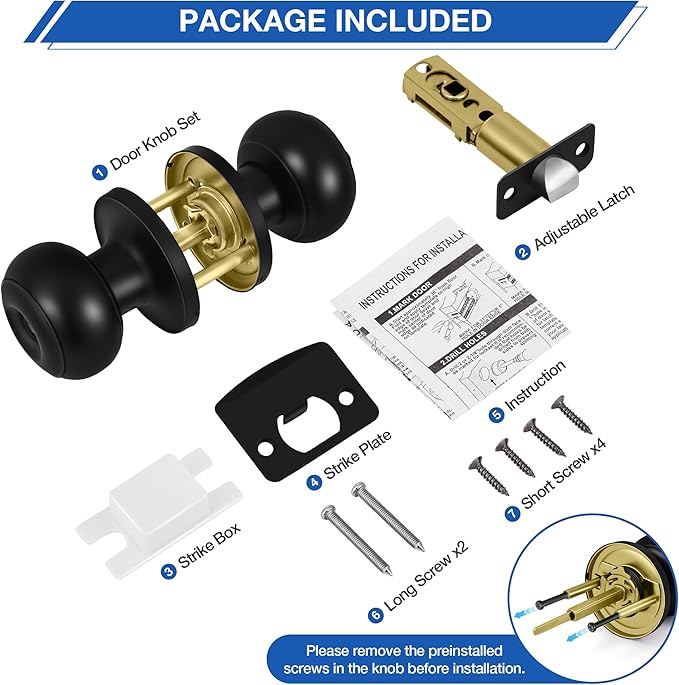 Plustool 6 Pack Matte Black Door Knobs, Privacy Door Knob with Lock, Interior Doorknobs with Round Ball, Keyless Door Lockset for Bedrooms Bathrooms