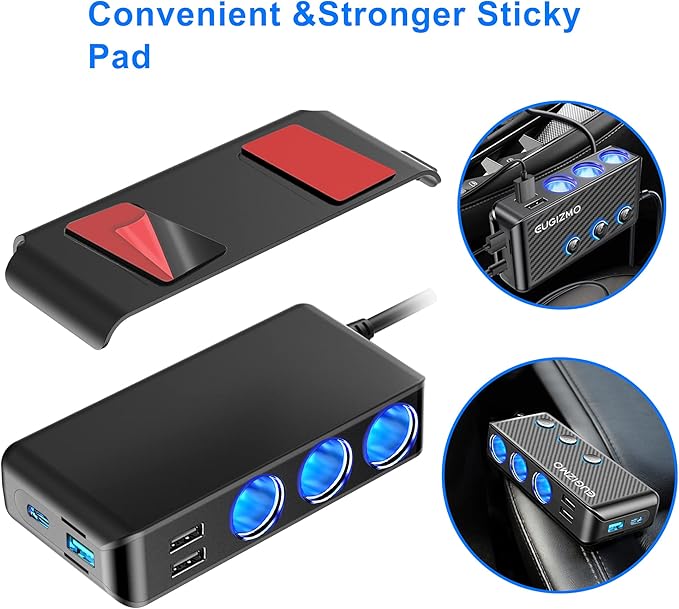 Cigarette Lighter Plug Splitter Adapter, EUGIZMO 222W Multi Port Power Plug Car Charger Adapter for Plug Outlet 12V 3 Socket Splitter Car Cigarette Lighter USB Charger with LED Independent Switches