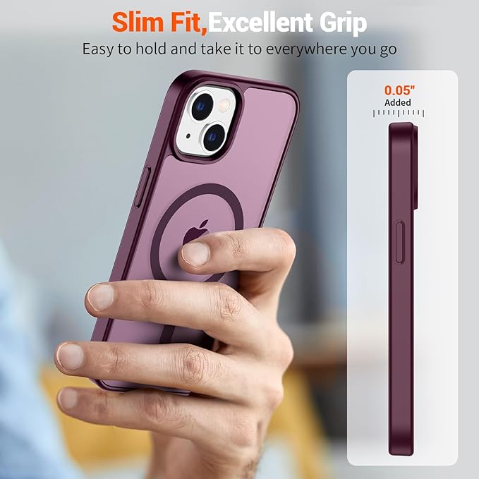 SUPFINE Magnetic for iPhone 14 Case & iPhone 13 Case (Compatible with MagSafe)(Military Grade Drop Protection) Translucent Matte Shockproof Phone Cover,Wine Red