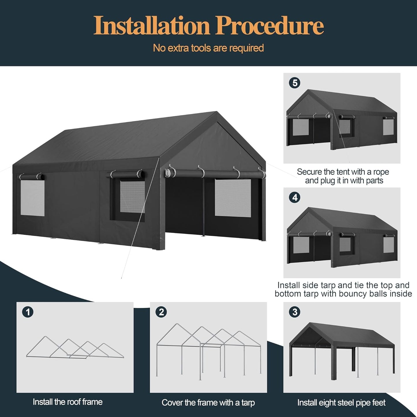 Shintenchi Carport 10' x 20' Heavy Duty Portable Garage, Car Port Canopy with Side-Opening Removable Door & Roll-Up Windows, Car Canopy for Truck,Car,Boat,Motorcycle,Grey