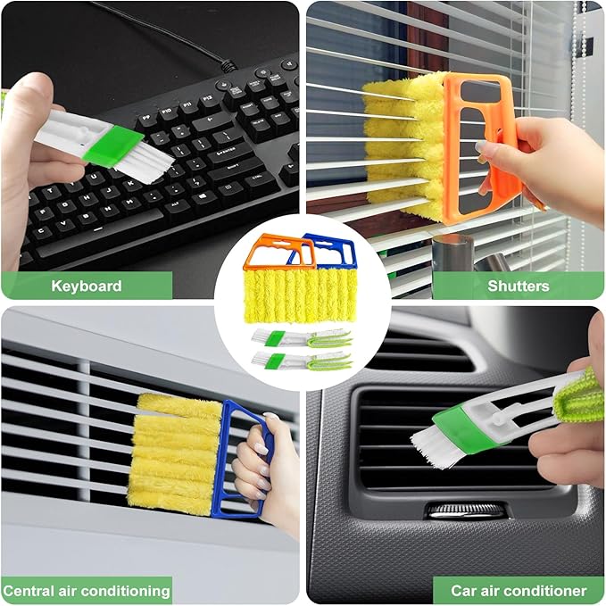 4Pcs Blind Cleaner Duster Tool Set with 7-Finger & 3-Finger Brushes,Washable Multi-Surface Dusting Kit for Wood Blinds, Venetian Blinds, AC Vents, Car Vents, Shutters & Fans (Orange+Blue)