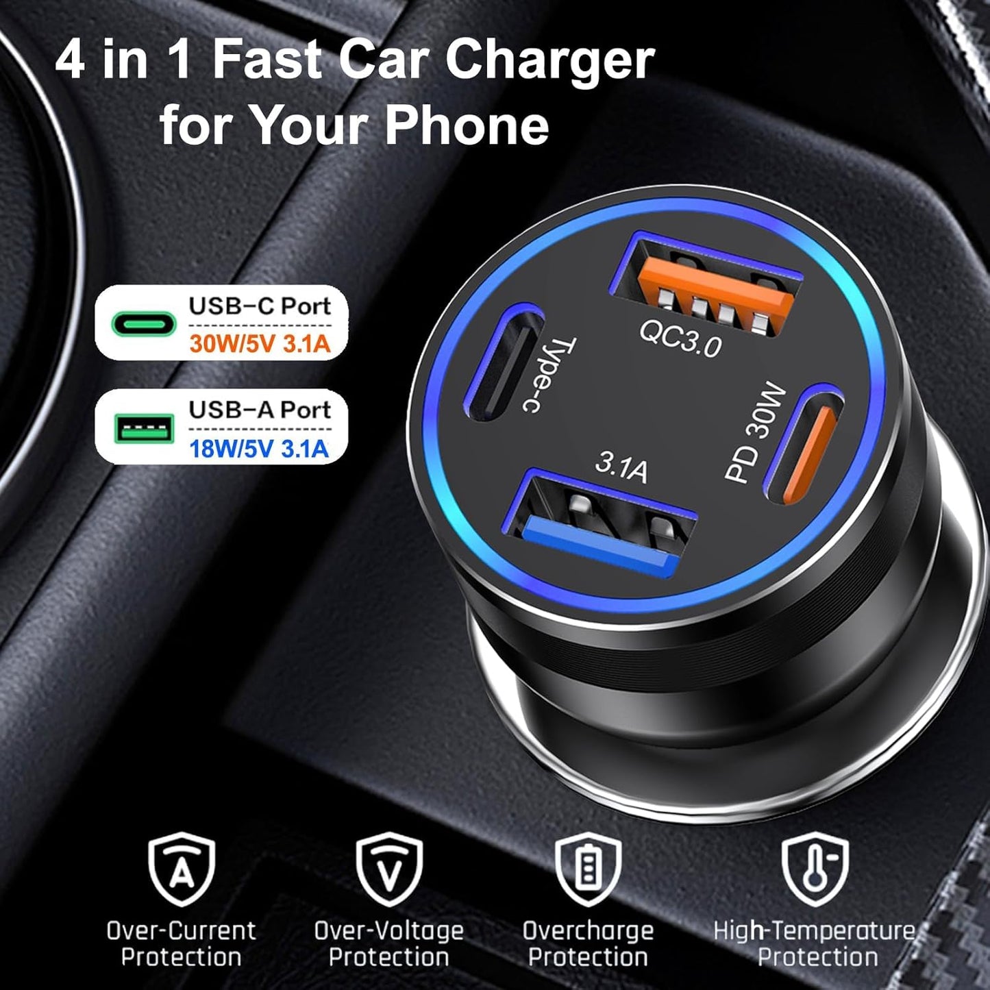 Car Charger USB C, 2Pack 4-Port 65W Cigarette Lighter USB Charger Fast Charging,Dual USB-C & USB-A Car Phone Charger Adapter Accessories for iPhone 16e 16 15 14 13 Pro Max,iPad,Samsung,Tablet,Android