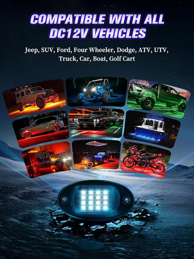 12 Pods RGB LED Rock Lights with APP/RF Remote Control High Brights Waterproof Underglow Multicolor Zone Neon Exterior Rock Lights for 12V Trucks Jeep UTV ATV RZR Offroad Pickup SUV Accessory