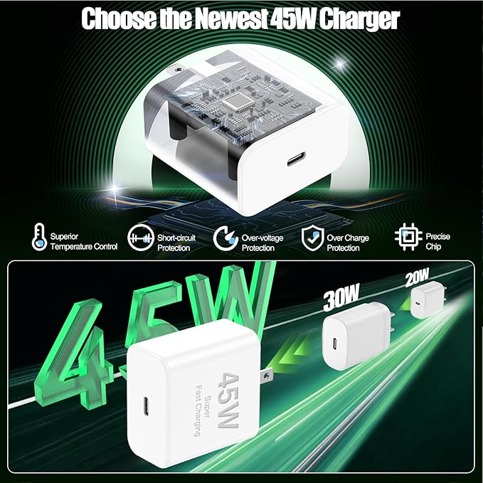 45W iPhone 17 16 Pro Max Charger Fast Charging,3Pack USB C Fast Charger Block with Long 10/10/6FT C to C Cable for Apple 17 Pro Max/16 Pro/15/iPad 13th,PD Quick Adapter 3.2 for iPhone 17-Green