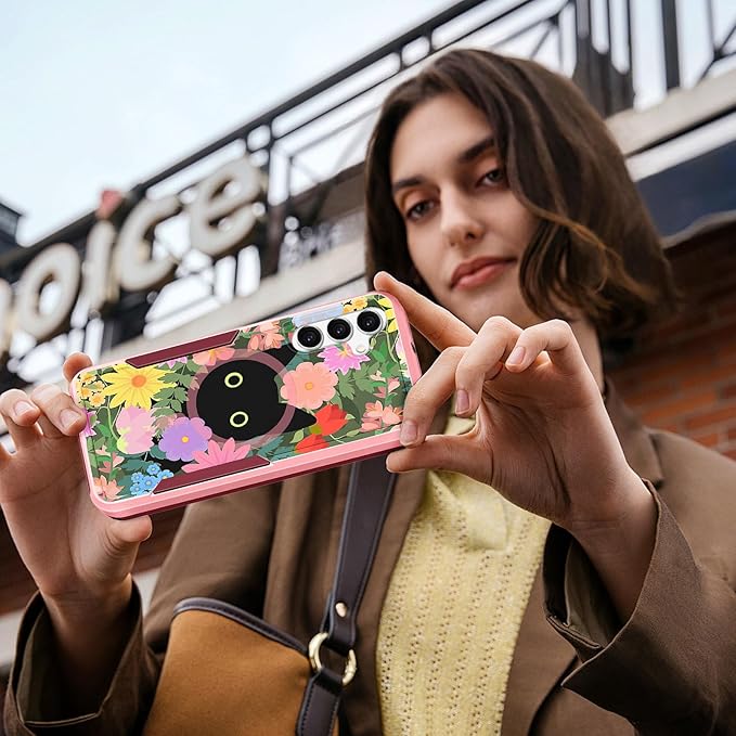for Samsung Galaxy A14 5G Phone Case - Compatible with MagSafe Women Girls Cute Magnetic Protective Cover Girly Cat Flower Floral Heavy Duty Shockproof Design for Samsung Galaxy A14 5G Cases