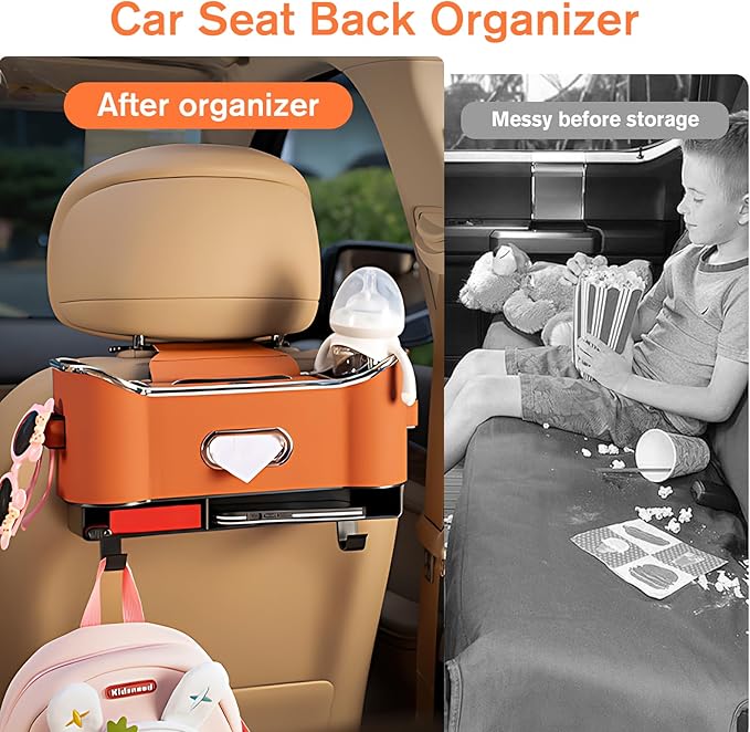 Multifunctional Car Seat Back Storage Box, Universal Car Seat Organizer, Car Seat Tissue Box and Organizer, Car Seat Paper Towel Organizer, Car Organizer with 2 Drink Cup Holders (Orange)