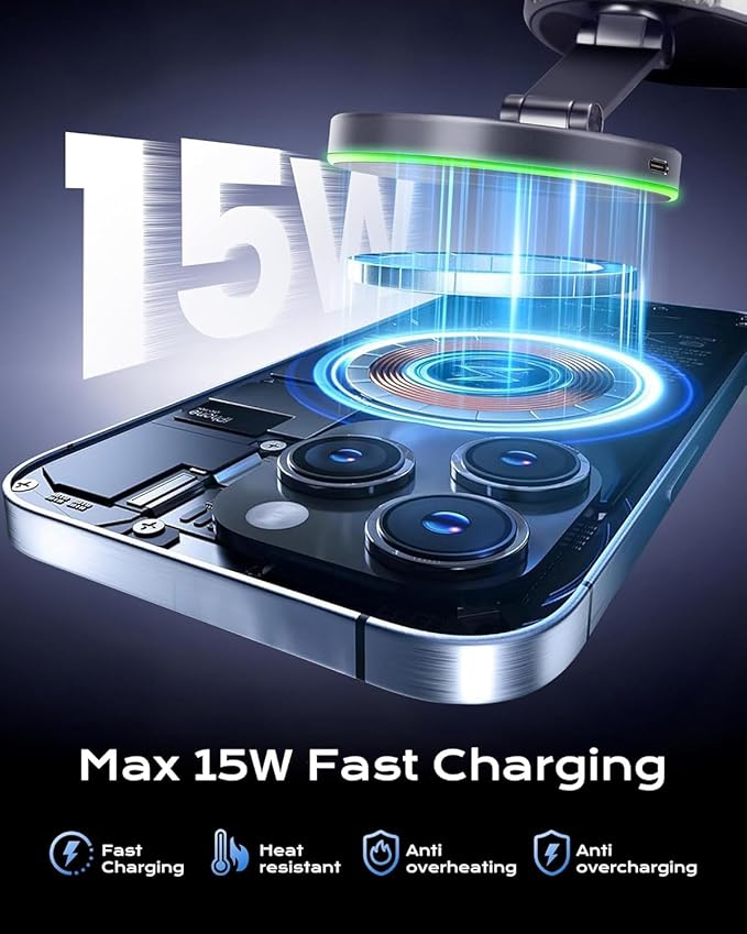 Trendwave Car Mount Charger 15W Wireless Charger Suction Cup Phone Mount with Breathing RGB Light, 360Β° Adjustable Vacuum Magnetic Holder for iPhone 17 Pro Max/17 Air/16/15 Plus β Gray
