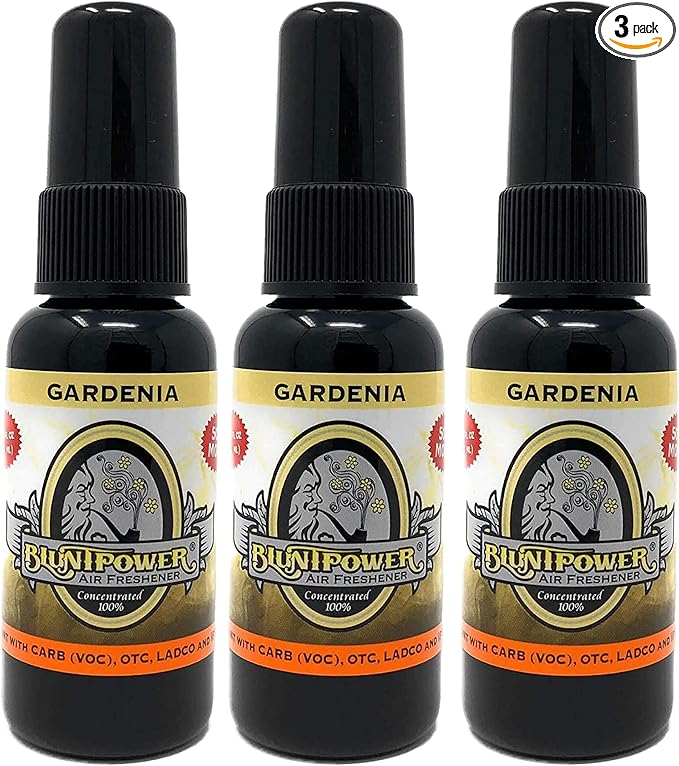 BluntPower (Gardenia, 3 Pack) Concentrated Air Freshener - Premium Oil Based Air Freshener Spray For Home and Car - Long-Lasting Bathroom Spray, Car Freshener, & Odor Eliminator Spray