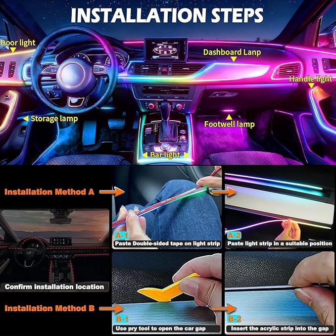 Interior Car LED Strip Lights,Acrylic LED Lights for Car with Dynamic Dreamcolor Chasing,43.3in USB RGB Neon Strip Fiber Optic LED Ambient Lighting Kits with Remote APP,for Inside car Decorations