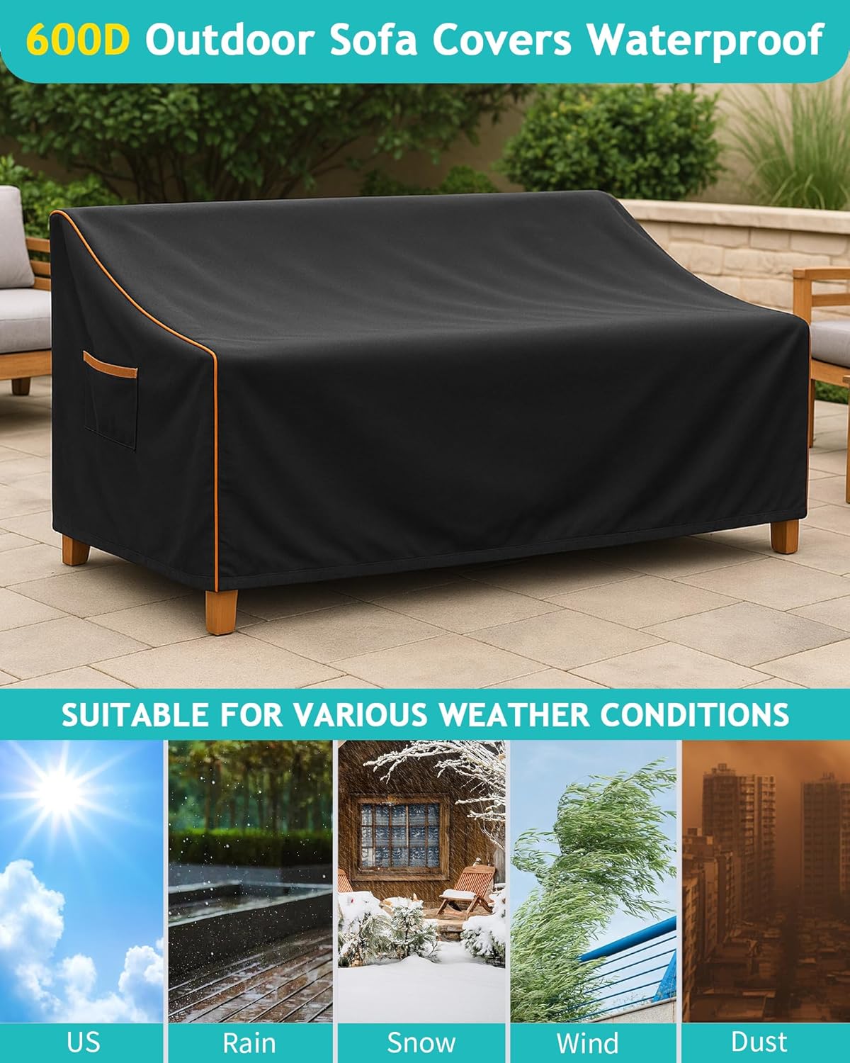 Outdoor Sofa Cover, Waterproof Patio Furniture Cover 90W x 42D x 33H inches Heavy Duty 600D Oxford Fabric Black