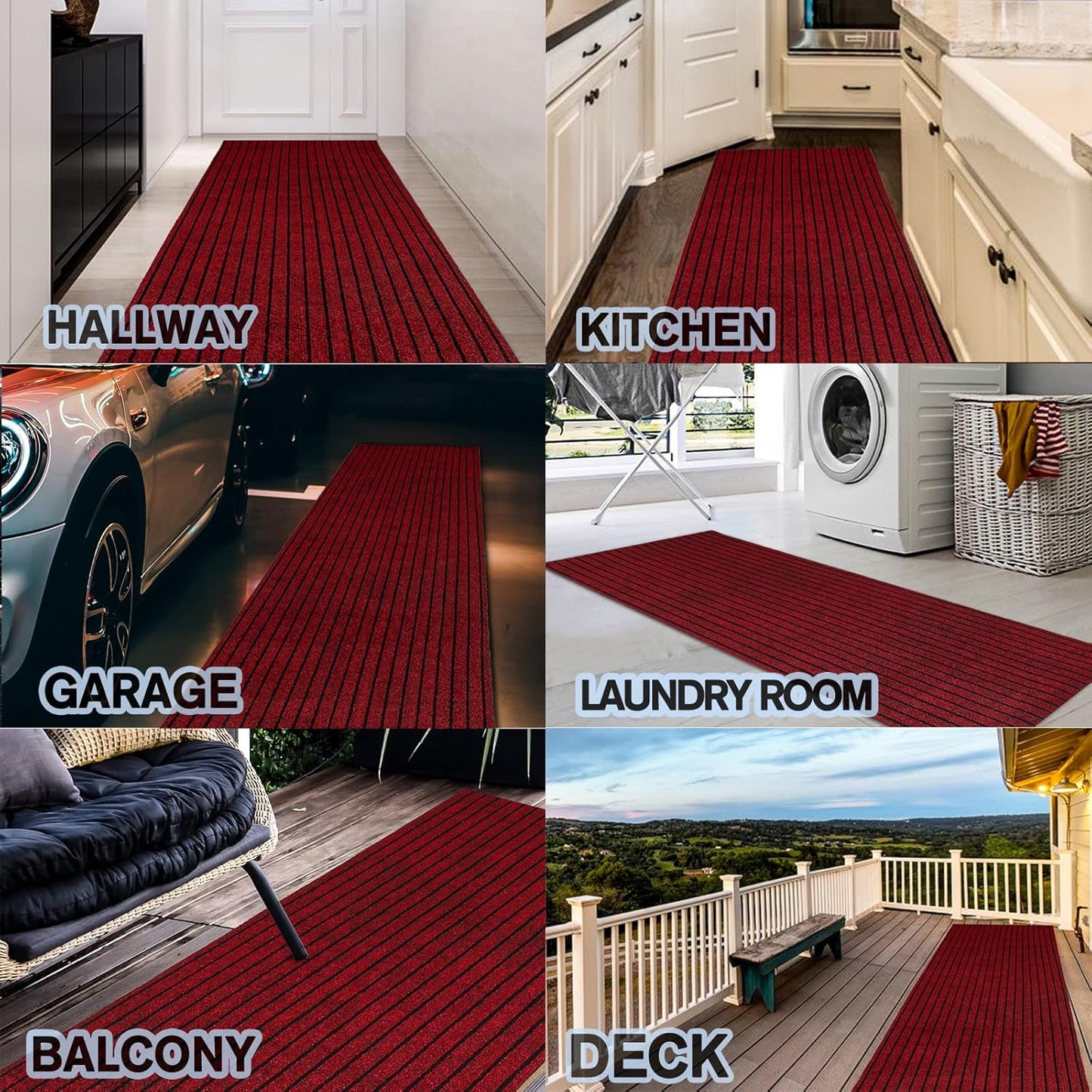 Custom Size Backed Non-Slip Area Rugs Runner, Easy Clean, Waterproof Runner Rugs for Hallway Entryway, Kitchen, Laundry, 3FT x 20FT, Red Stripe