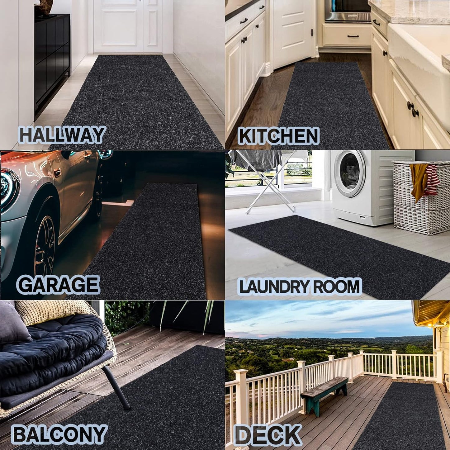 Custom Size Backed Non-Slip Area Rugs Runner, Easy Clean, Waterproof Runner Rugs for Hallway Entryway, Kitchen, Laundry, 2FT x 54FT, Black