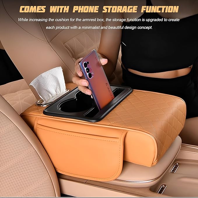 Zpana Car Center Console Armrest Pillow, Memory Foam Leather 4 in 1 Vehicle Arm Rest Cover with Tissue Box 2 Side Storage Bag Cup & Phone Holder, Auto Armrest Cushion, Universal Fit (Gray)