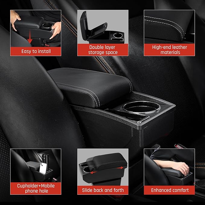 Car Armrest Box for Nissan Almera Versa 2012-2019 Auto Accessories Center Console Leather Arm Rest Double-Layer Storage Space with Cup Holder (White Thread)