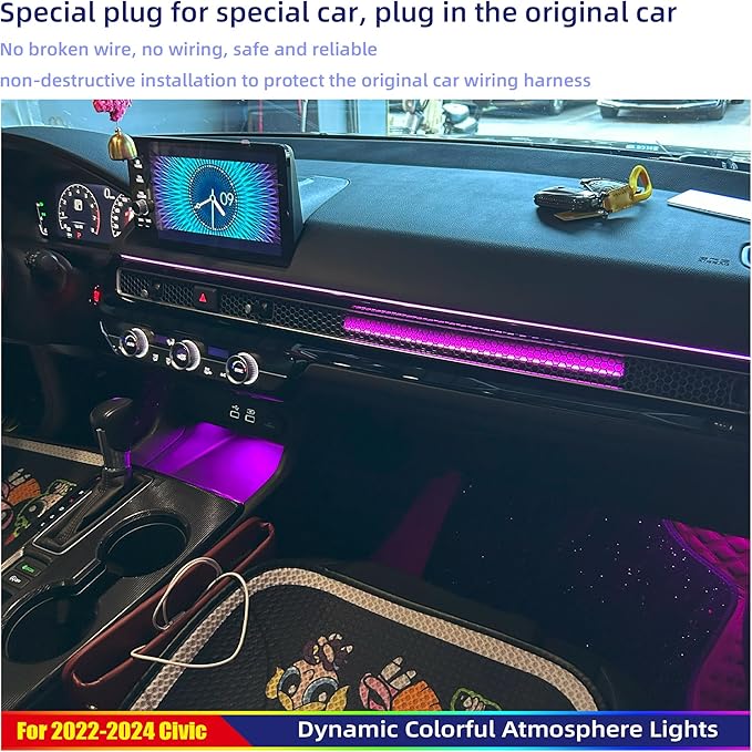 Ambient Lighting Kit for 11th gen Honda Civic,Interior Car Neon Lights for 2022 2023 2024 2025 Civic, Button and APP-Controlled RGB LED Strip Lights