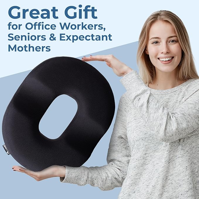 5 STARS UNITED Donut Pillow Hemorrhoid Tailbone Cushion โ Large Floor Cushion for Pain Relief โ Coccyx, Prostate, Sciatica, Pelvic Floor, Pressure Sores, Pregnancy, Postpartum Recovery, Black