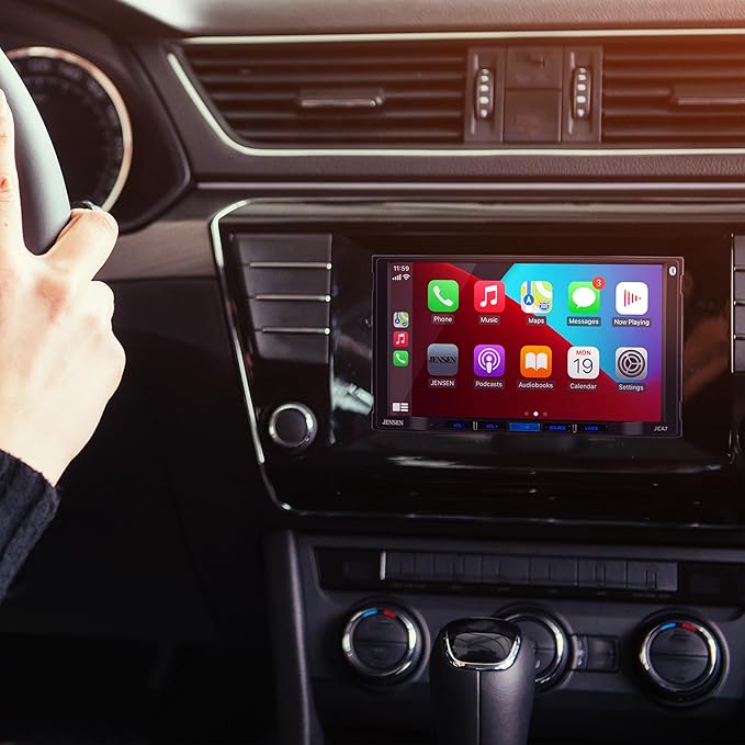 JENSEN J1CA7-BUC 7-inch Certified Apple CarPlay Android Auto | Double DIN Touchscreen Car Stereo Radio | Bluetooth Hands Free Calling & Music Streaming | Backup Camera Included | USB Charging