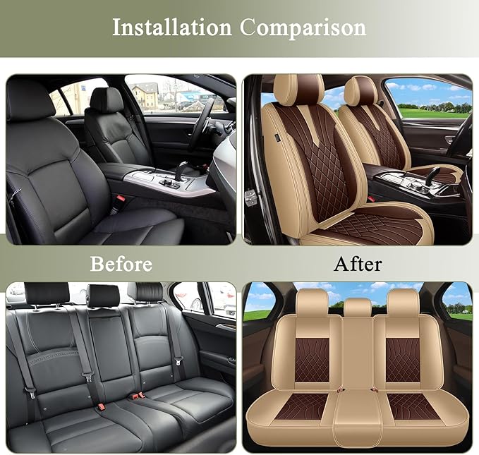 Breathable Car Seat Covers for Nissan Kicks 2025 2026 2022 2021 2020 2019 2018, Perforated Leather Full Set 5 Seats, for Nissan Kicks Accessories (Beige&Brown)