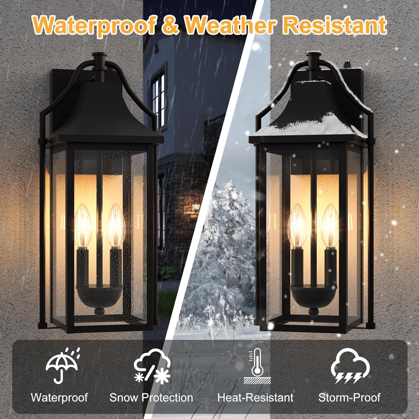 πππ°π΅ Outdoor Wall Sconce Fixture, Dusk to Dawn Patio Lights Waterproof Exterior Lanterns, 2-Light Modern Wall Light Mounted with Glass, Black Outside Lights for House Front Door Entryway