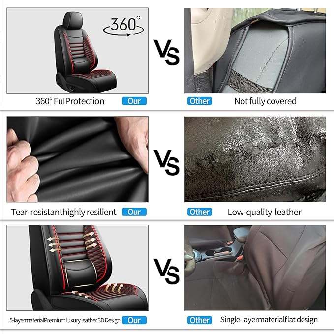 Fit Fj Cruiser Car Seat Covers for Toyota Fj Cruiser 2007-2013 2014-Upgraded Premium Waterproof & Breathable Leather, Airbag Compatible,All-Weather Seat Cushion Protector (Full Set, Black+Red)
