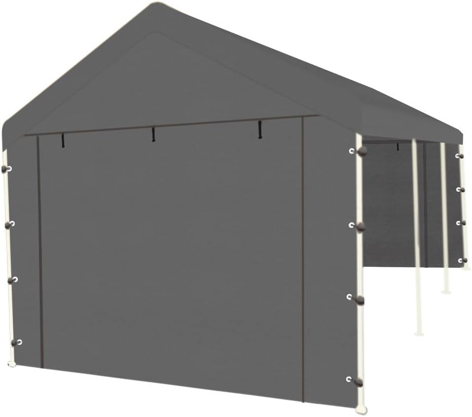 10x20 FT Front/Back Panel Canopy Entrance Panel with Zippers and Elastic Ball Bungees, 180G PE Waterproof & UV Protected Replacement Sidewall Cover, Gray