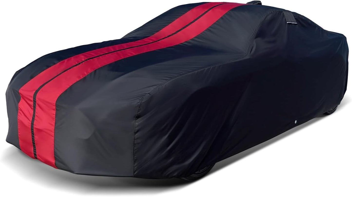 iCarCover Custom Car Cover for Pontiac Sunbird 2-Door, 4-Door (1983-1987) Waterproof All-Weather Rain Snow UV Sun Protector Full Exterior Indoor Outdoor Car Cover (Stripe - Black/Red)
