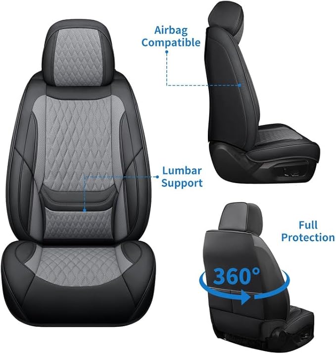 Car Seat Covers Full Set Custom Fit for Pontiac Vibe 2003-2010 - Premium Faux Leather with Lumbar Support | Breathable, Waterproof, Anti-Slip, Durable (Black&Gray,Full Set)