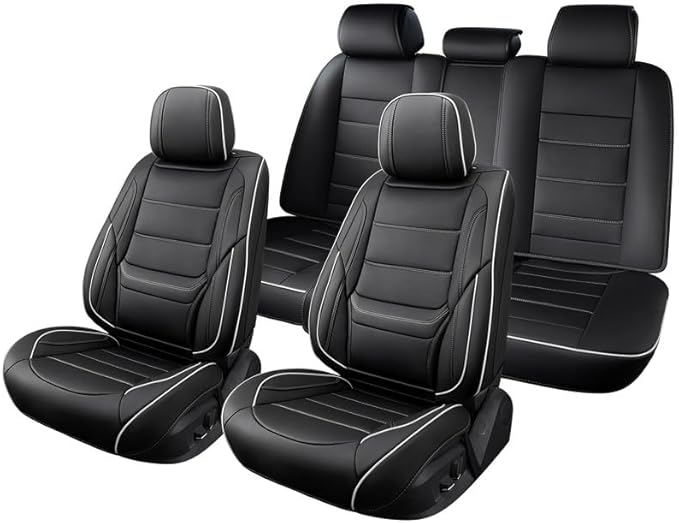 Car Seat Covers Full Set Custom Fit for Ford Taurus 1999-2018-Luxury Leather with Lumbar Support, Breathable, Waterproof, Anti-Slip, Durable, Easy to Install (Black&White,Full Set)
