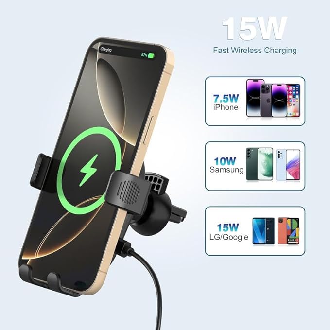 15W Fast Wireless Car Charger, Phone Holder, Auto-Clamping Air Vent Phone Charger for Car (Blue Border Black)