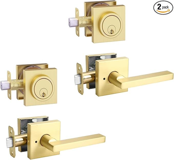 Gold Heavy Duty Privacy Lever Door Handle and Single Cylinder Deadbolt Lock and Key Combo Pack - Locking Lever Set for Left or Right-Handed Doors - Exterior Door Levers - Satin Brass,2pack