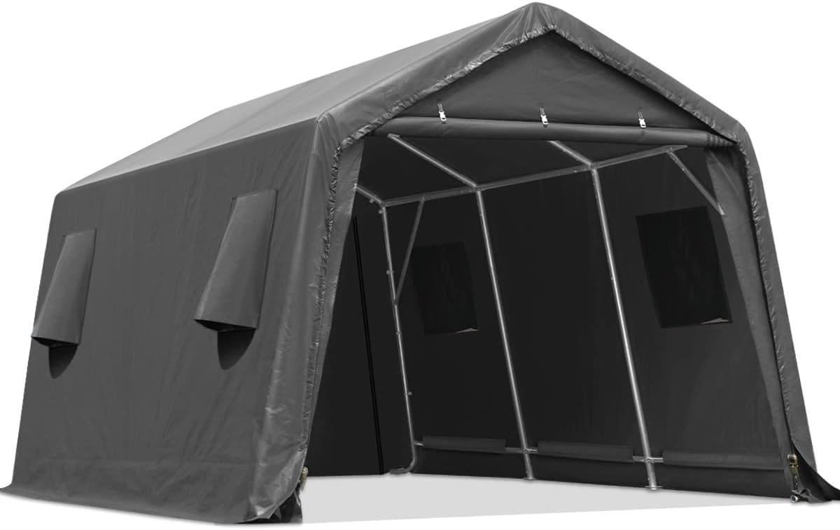 ADVANCE OUTDOOR 10X15 ft Garage Shelter Steel Metal Peak Roof Portable Storage Shed Carport for Motorcycle Boat, or Garden Tools with 2 Roll up Doors & Vents, Gray
