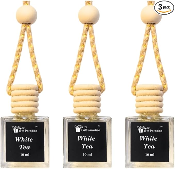 Gift Paradise® White Tea Luxury Spa Car Air Freshener Set of 3 (10ml Each) – Clean Fresh Hanging Diffuser with Wooden Cap, Long Lasting Car Perfume, Gift for Women & Men